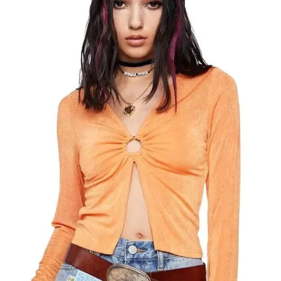 Pretty Garbage Tangerine O-Ring V-neck Open Front Crop Top - Size M - Picture 2 of 9